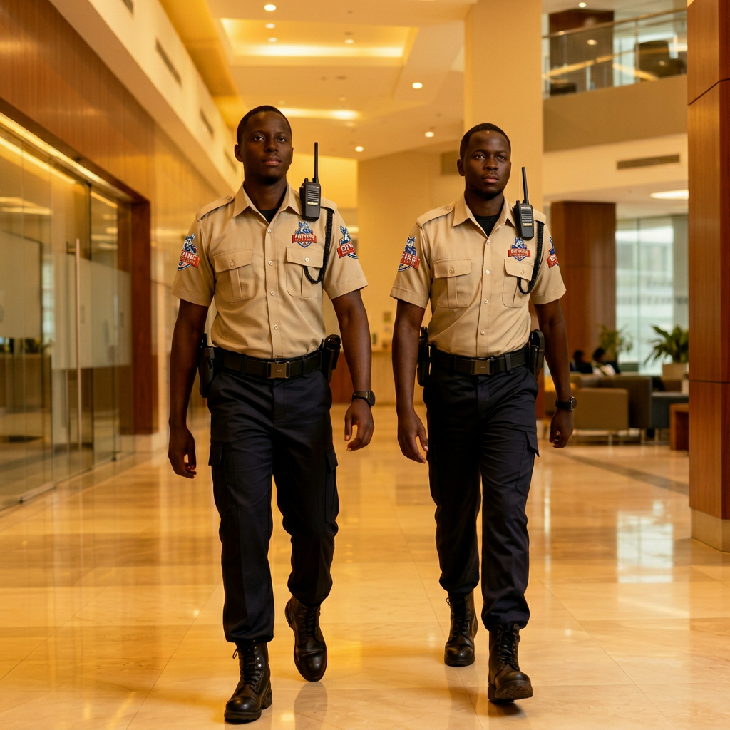 Kenyan Divine Security guards walking through a corporate building