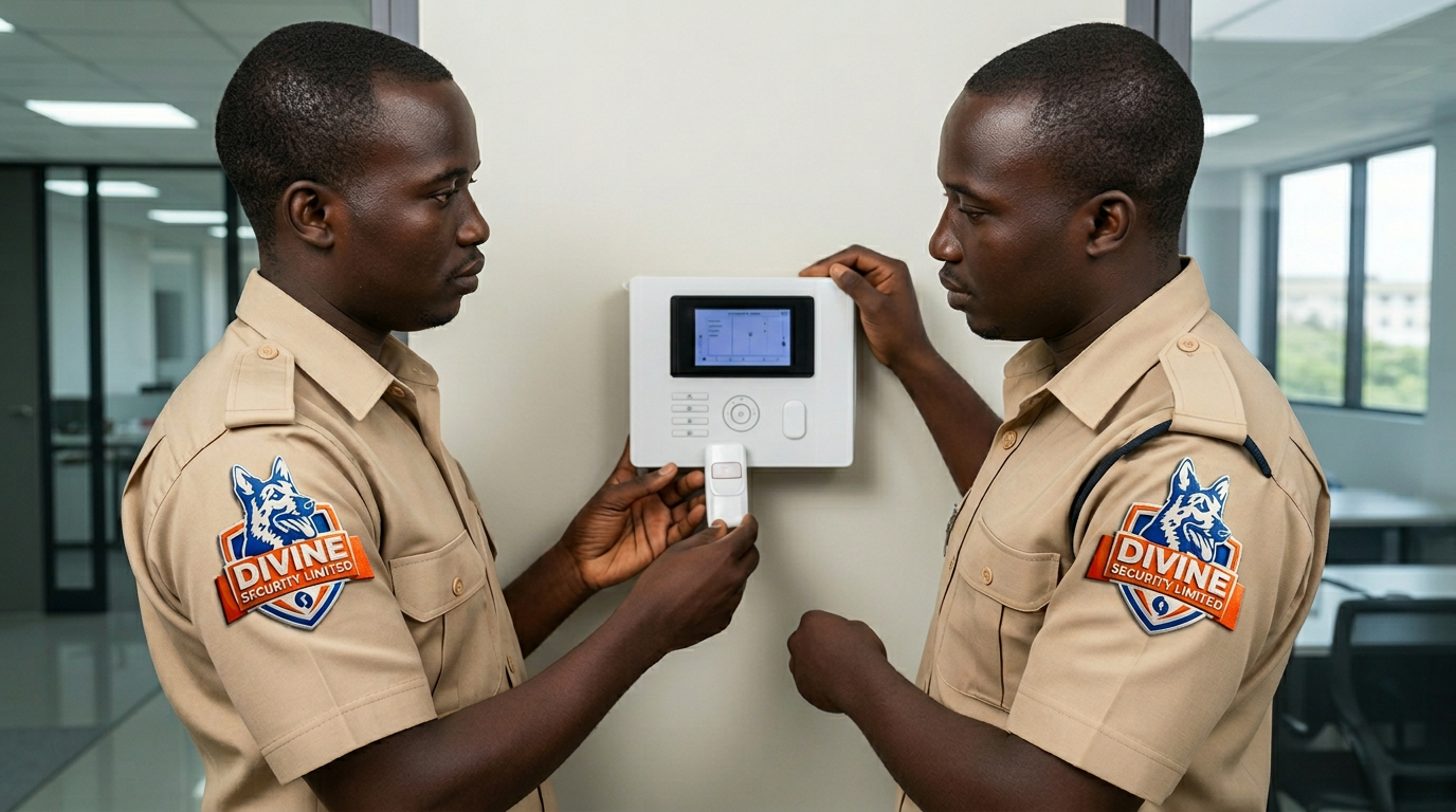 Kenyan technicians installing an alarm system